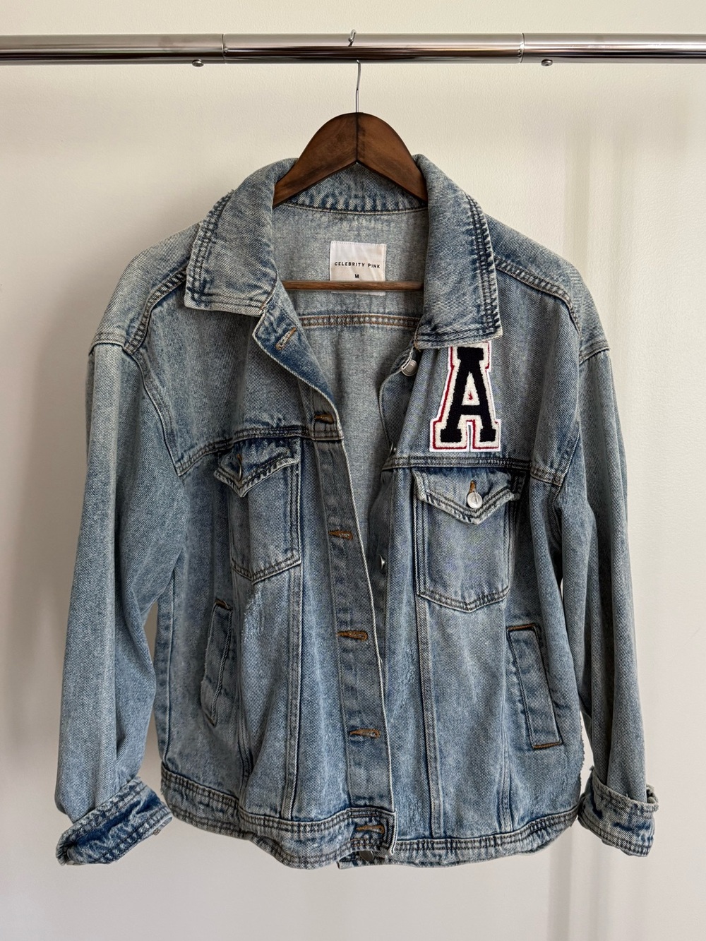 Celebrity Pink Light Blue Denim Jean Jacket with 'A' Patch